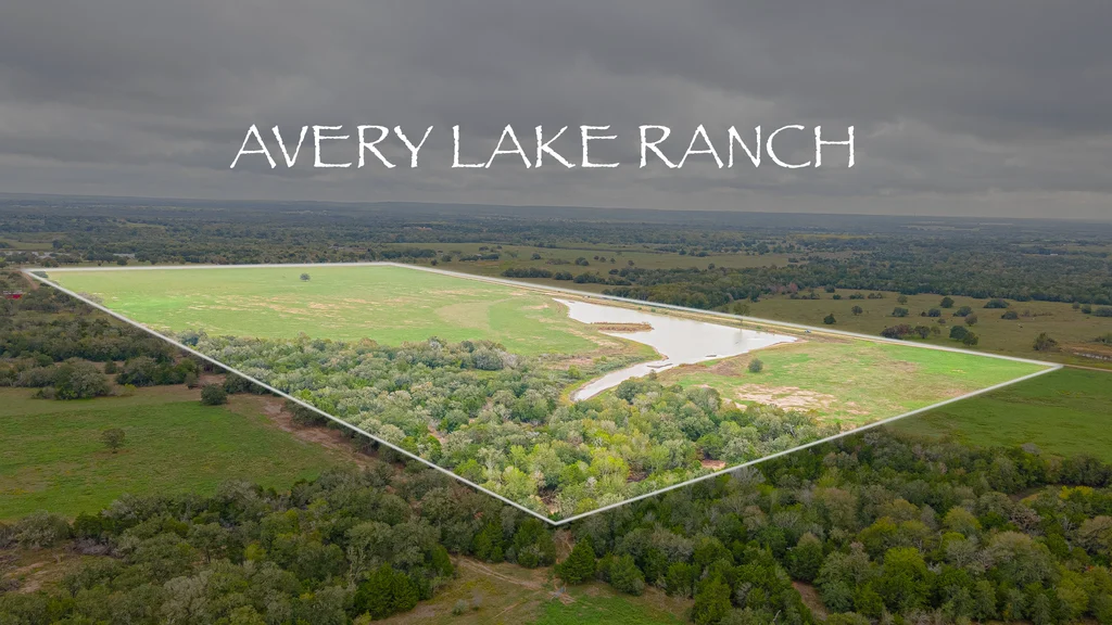 Aerial view of Avery Lake, 93 acres of pasture and a lake on Armstrong Dairy Road near Flatonia, Texas