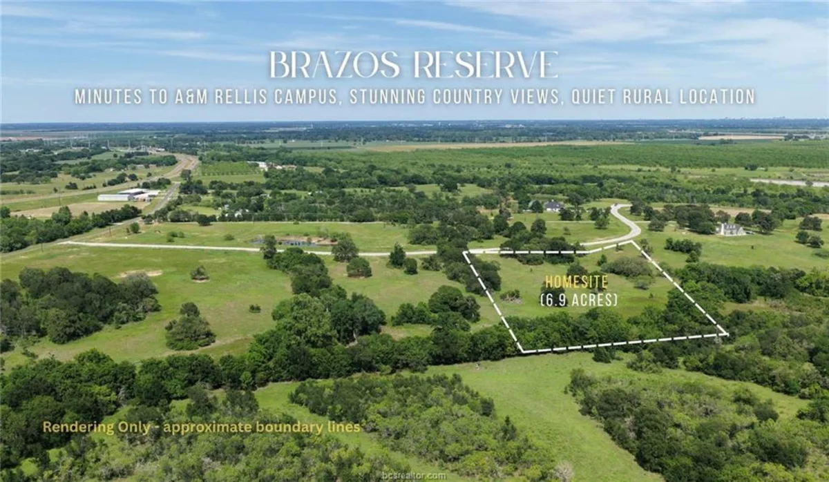 Aerial rendering of the Brazos Reserve tracts on Brazos Court near Caldwell, Texas, with the 6.96-acre tract marked