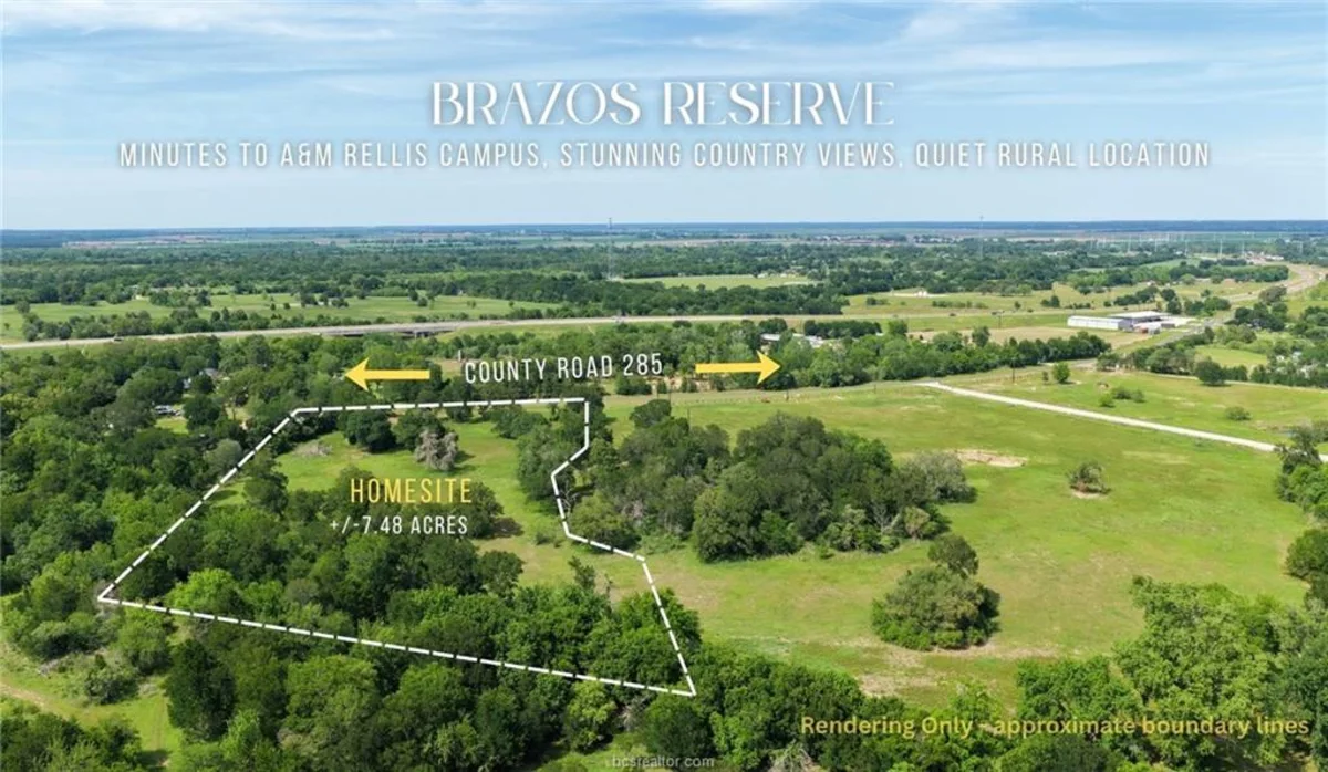 Aerial rendering of the Brazos Reserve tracts on Brazos Court near Caldwell, Texas, with the 7.48-acre tract marked