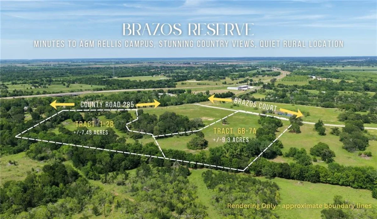 Aerial rendering of the Brazos Reserve tracts on Brazos Court near Caldwell, Texas, with the 9.3-acre tract marked