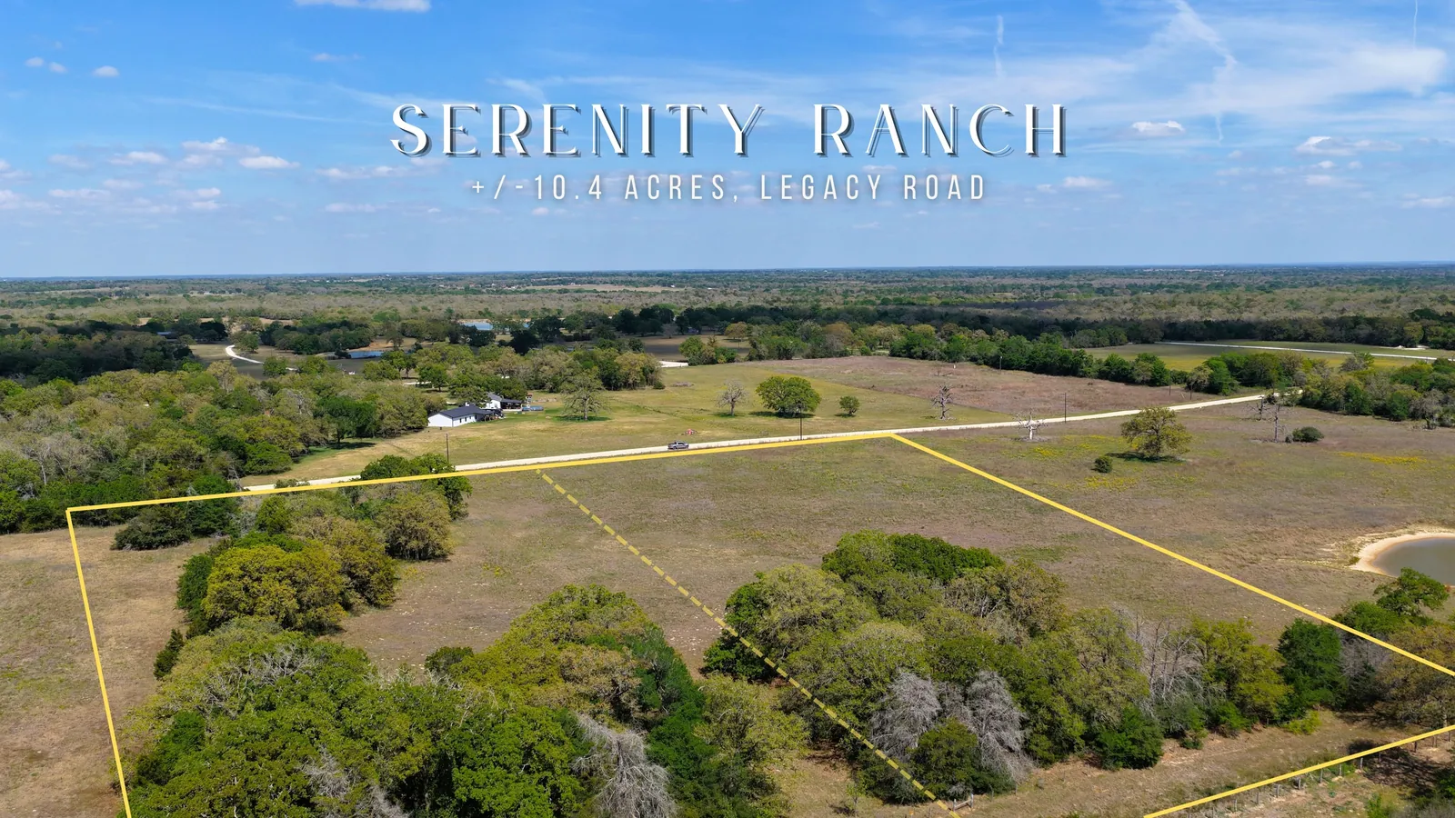 Aerial view of a 10.41-acre Serenity Ranch tract of open pasture off Legacy Road near Caldwell, Texas