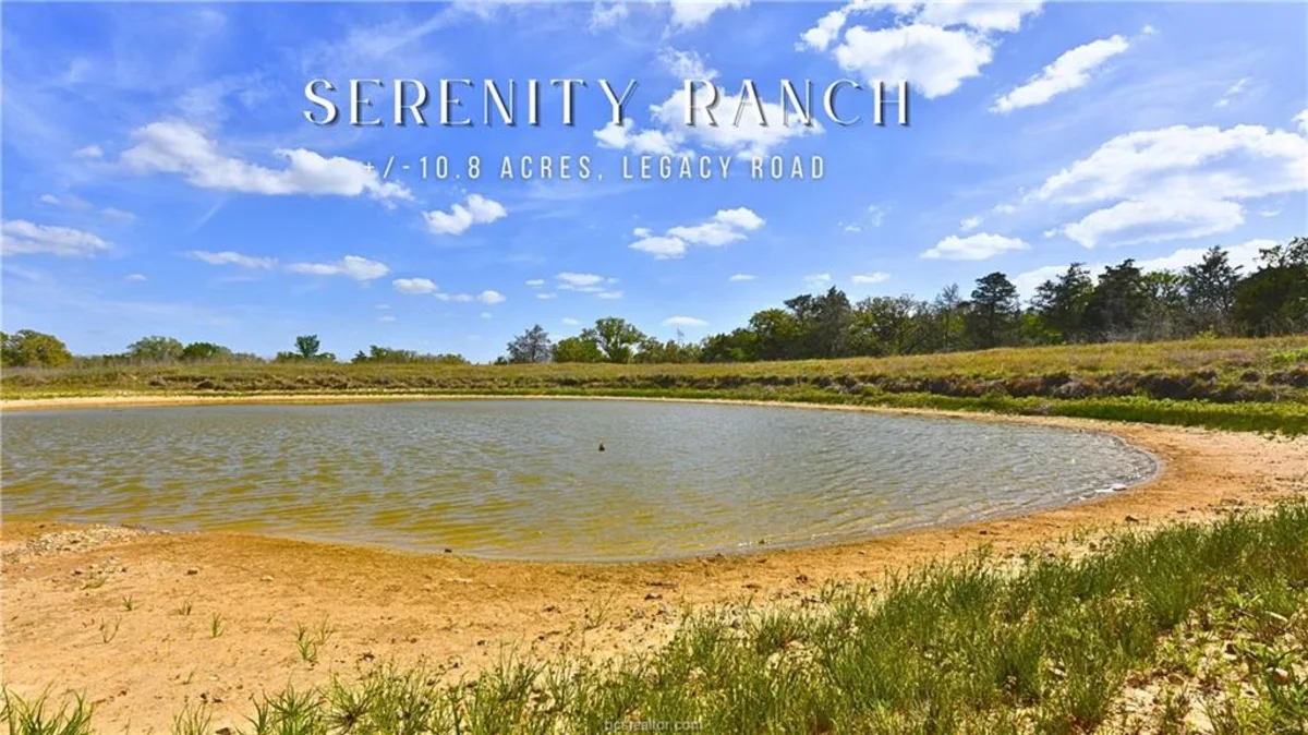 Aerial view of a 10.83-acre Serenity Ranch tract with a stock pond off Legacy Road near Caldwell, Texas