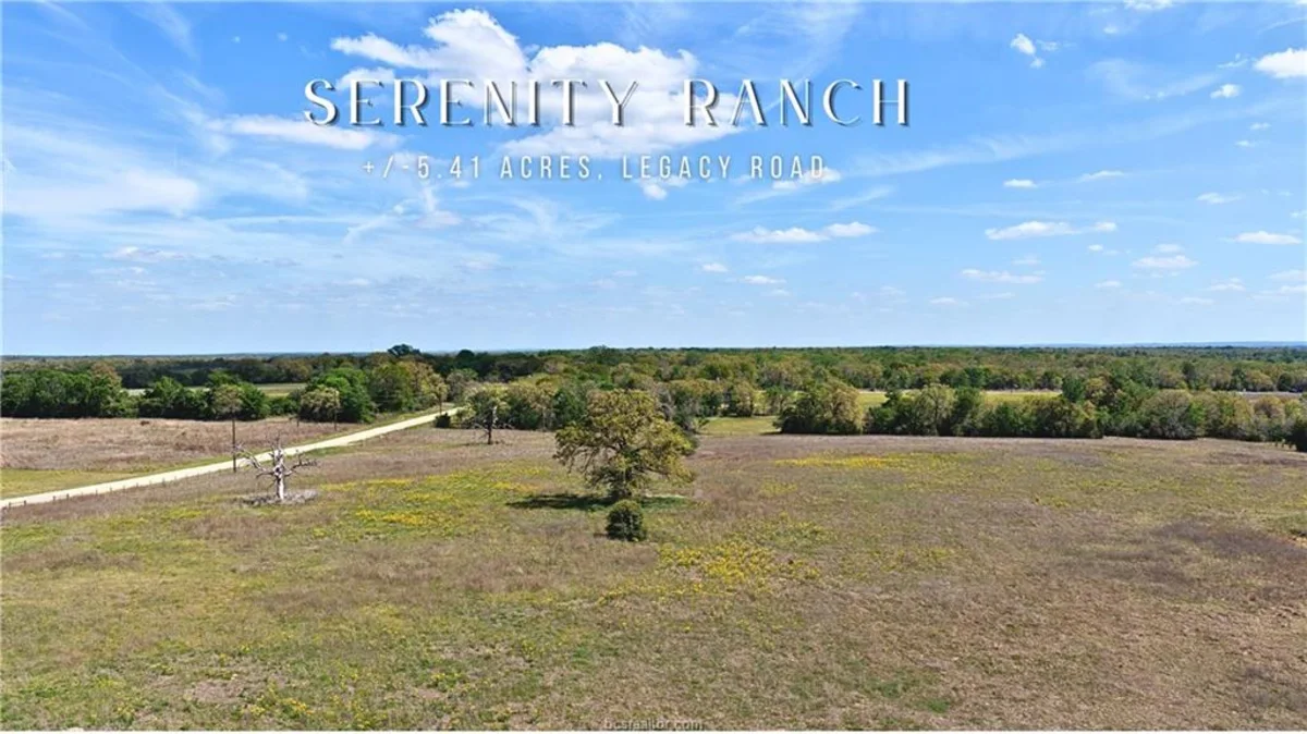Aerial view of a 5.41-acre Serenity Ranch tract of open pasture off Legacy Road near Caldwell, Texas