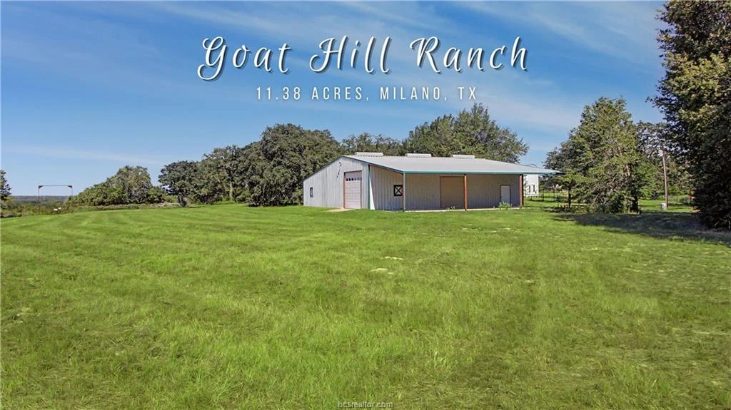 Shop and open lawn at Goat Hill Ranch on County Road 328 near Milano, Texas